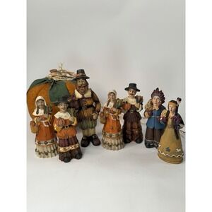 VTG 7 Set Thanksgiving Pilgrims Native American Set Resin Colorful Figurines